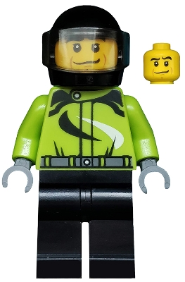 Monster Truck Driver, Racing Suit with Black and White Swirls, Black Helmet with Trans-Brown Visor, Crooked Smile