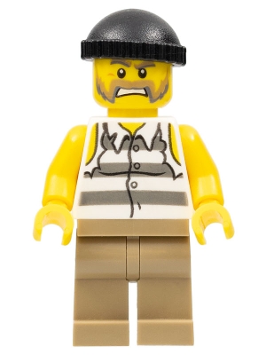 Police - Jail Prisoner Shirt with Prison Stripes and Torn out Sleeves, Dark Tan Legs, Black Knit Cap