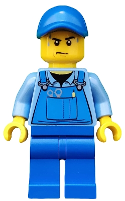 Overalls with Tools in Pocket Blue, Blue Cap with Hole, Sweat Drops