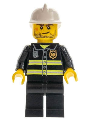 Fire - Reflective Stripes, Black Legs, White Fire Helmet, Crooked Smile with Scar