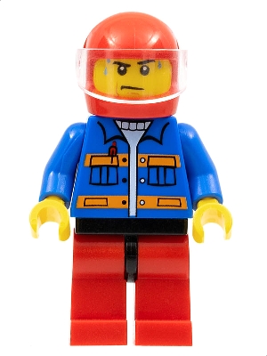 Blue Jacket with Pockets and Orange Stripes, Red Legs with Black Hips, Sweat Drops
