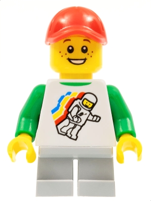 Classic Space Minifigure Floating Pattern, Light Bluish Gray Short Legs, Red Cap with Hole