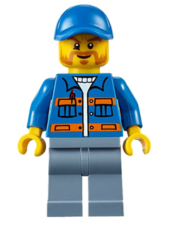 Blue Jacket with Pockets and Orange Stripes, Sand Blue Legs, Blue Short Bill Cap, Beard