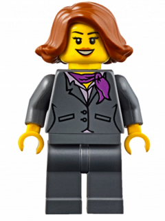 Dark Bluish Gray Jacket with Magenta Scarf, Dark Bluish Gray Legs, Dark Orange Female Hair Short Swept Sideways (Ferry Passenger)