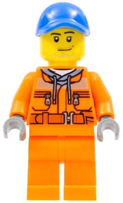 Tow Truck Driver - Male, Orange Safety Jacket, Reflective Stripe, Sand Blue Hoodie, Orange Legs, Blue Cap with Hole, Stubble