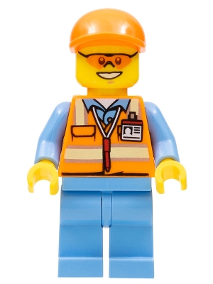 Orange Safety Vest with Reflective Stripes, Medium Blue Legs, Orange Short Bill Cap, Orange Sunglasses