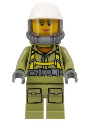 Volcano Explorer - Female Worker, Suit with Harness, Construction Helmet, Breathing Neck Gear with Air Tanks, Trans-Brown Visor