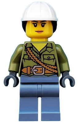 Volcano Explorer - Female, Shirt with Belt and Shoulder Ropes, White Construction Helmet with Dark Brown Ponytail Hair