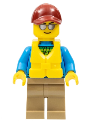 Angler Male, Dark Tan Legs, Dark Red Cap, Silver Sunglasses, Life Jacket Center Buckle