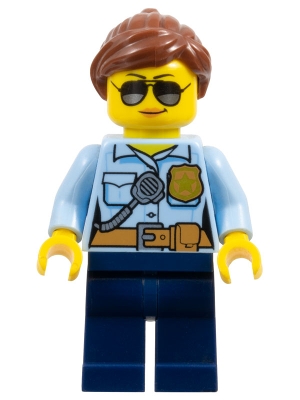 Police - City Officer Female, Bright Light Blue Shirt with Badge and Radio, Dark Blue Legs, Reddish Brown Ponytail and Swept Sideways Fringe