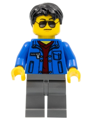 Blue Jacket over Dark Red V-Neck Sweater, Dark Bluish Gray Legs, Black Short Tousled Hair, Silver Sunglasses
