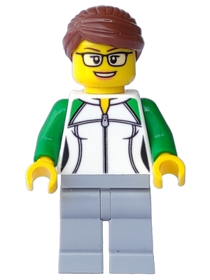 Newsstand Worker - Female, White and Green Sweatshirt with Zipper, Light Bluish Gray Legs, Reddish Brown Hair with Bun, Glasses