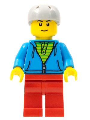 City Bus Passenger - Dark Azure Hoodie with Green Striped Shirt, Red Legs, Light Bluish Gray Sports Helmet