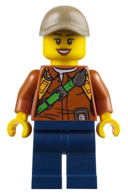 City Jungle Explorer Female - Dark Orange Shirt with Green Strap, Dark Blue Legs, Dark Tan Cap with Hole, Black Eyebrows