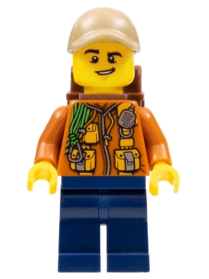 City Jungle Explorer - Dark Orange Jacket with Pouches, Dark Blue Legs, Dark Tan Cap with Hole, Backpack, Lopsided Grin