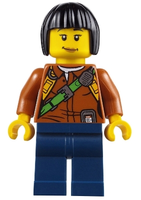 City Jungle Explorer Female - Dark Orange Shirt with Green Strap, Dark Blue Legs, Black Bob Cut Hair, Medium Nougat Lips Lopsided Smile
