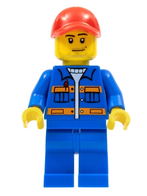 Blue Jacket with Pockets and Orange Stripes, Blue Legs, Red Cap with Hole