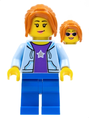 Hiker, Female, Bright Light Blue Hoodie over Dark Purple Star Shirt, Dark Orange Ponytail Long with Side Bangs