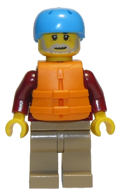 Man, Dark Red Jacket with Bright Light Blue Shirt, Dark Tan Legs, Orange Life Jacket, Dark Azure Sports Helmet, Beard (Rafter)