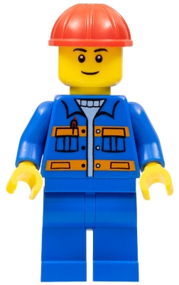 Blue Jacket with Pockets and Orange Stripes, Blue Legs, Red Construction Helmet, Thin Grin