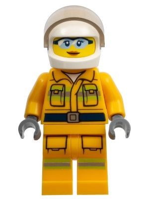 Fire - Reflective Stripes, Bright Light Orange Suit, White Helmet, Safety Glasses, Dark Orange Lips Closed Mouth Smile