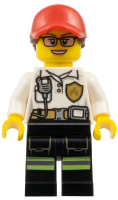 Fire - Female White Shirt with Fire Logo Badge and Belt, Reflective Stripes on Black Legs, Red Cap with Ponytail