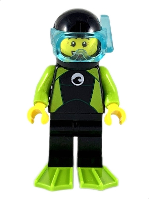 Diver - Male, Black Wetsuit with White Logo and Lime Trim and Flippers