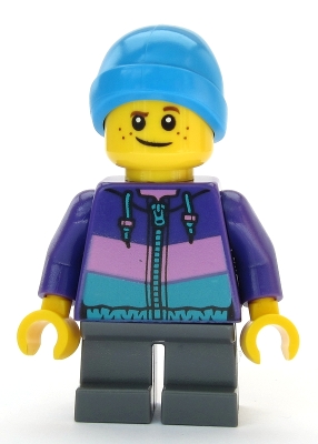 Boy - Dark Purple Jacket, Dark Bluish Gray Short Legs, Dark Azure Beanie