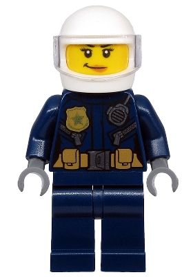 Police - ATV Driver Female, Leather Jacket with Gold Badge and Utility Belt, White Helmet, Trans-Clear Visor, Nougat Lips Smirk
