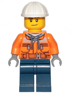 Construction Worker - Male, Orange Safety Jacket, Reflective Stripe, Sand Blue Hoodie, Dark Blue Legs, White Construction Helmet, Stubble