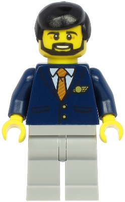 Steward - Male, Black Hair, Dark Blue Suit with Striped Tie, Light Bluish Gray Legs