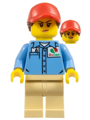 Ground Crew - Female, Medium Blue Shirt with 'Octan' Logo, Tan Legs, Red Ball Cap with Reddish Brown Ponytail