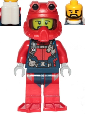 Scuba Diver - Male, Open Mouth, Black Beard, Red Helmet, White Air Tanks, Red Flippers