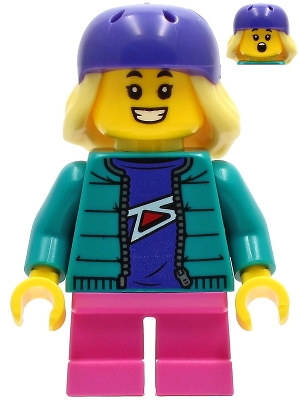 Child - Girl, Dark Turquoise Jacket over Dark Purple Shirt, Dark Pink Short Legs, Dark Purple Bicycle Helmet with Bright Light Yellow Hair
