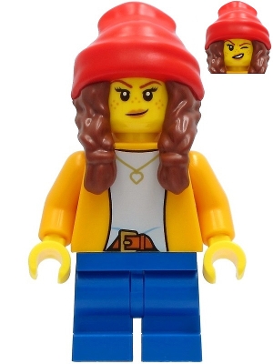 Girl - Bright Light Orange Jacket, Blue Medium Short Legs, Reddish Brown Hair with Braids and Red Beanie