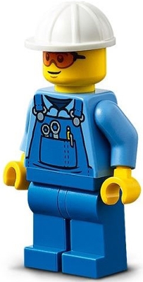 Roadwork Truck Driver - Male, Blue Overalls over Medium Blue Shirt, Blue Legs, White Construction Helmet, Safety Glasses, Back Print