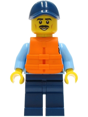 Police - City Officer Shirt with Dark Blue Tie and Gold Badge, Dark Tan Belt with Radio, Dark Blue Legs, Dark Blue Cap, Orange Life Jacket