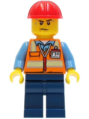 Construction Worker - Male, Orange Safety Vest with Reflective Stripes, Dark Blue Legs, Red Construction Helmet, Sweat Drops