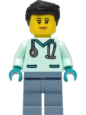 Wildlife Rescue Veterinarian - Female, Light Aqua Scrubs, Sand Blue Legs, Black Hair