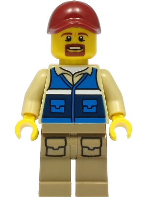 Wildlife Rescue Worker - Male, Dark Red Cap, Blue Vest with 'RESCUE' Pattern on Back, Dark Tan Legs with Pockets, Beard