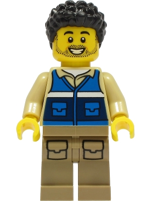Wildlife Rescue Worker - Male, Blue Vest with 'RESCUE' Pattern on Back, Dark Tan Legs with Pockets, Black Hair