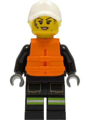Fire - Female, Black Jacket and Legs with Reflective Stripes and Red Collar, White Cap with Bright Light Yellow Ponytail Hair, Orange Life Jacket, Dark Bluish Gray Splotches