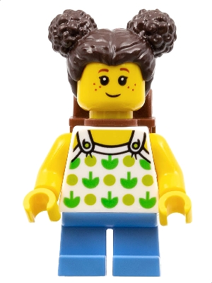 Child - Girl, White Halter Top with Green Apples and Lime Spots, Medium Blue Short Legs, Dark Brown Hair with Buns, Freckles, Reddish Brown Backpack