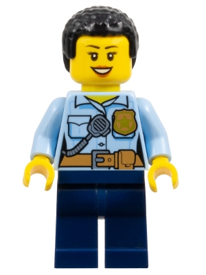 Police - City Officer Female, Bright Light Blue Shirt with Badge and Radio, Dark Blue Legs, Short Black Curly Hair