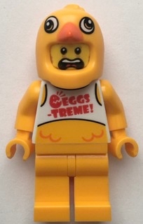 Clemmons - Stuntz Driver, Bright Light Orange Chicken Head Helmet, White Tank Top with 'EGGS-TREME!', Bright Light Orange Legs