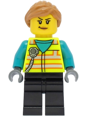 Train Driver - Female, Neon Yellow Safety Vest with Radio, Black Legs, Medium Nougat Ponytail Hair
