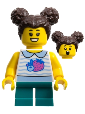 Child - Girl, White Collared Shirt with Fruit, Dark Turquoise Short Legs, Dark Brown Hair with Buns