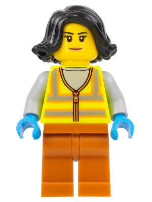 Recycling Worker - Female, Neon Yellow Safety Vest with Reflective Stripes, Dark Orange Legs, Black Hair