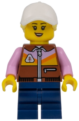 Dirt Bike Rider - Female, Reddish Brown Jacket, Dark Blue Medium Legs, White Cap with Bright Light Yellow Ponytail Hair