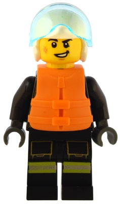 Fire - Male, Black Jacket and Legs with Reflective Stripes and Red Collar, White Helmet, Trans-Light Blue Visor, Orange Life Jacket